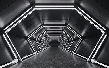 Futuristic corridor illuminated by glowing lights, a modern design