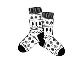 Two patterned winter socks with snowflake and Christmas tree designs are displayed.