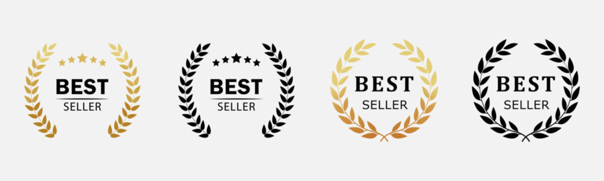 Best seller award badges in gold, black showcasing top-rated achievements in publications. Set best choice. Vector