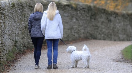 Two Women Take a Pleasant Stroll With a Small Dog Along a Gravel Path in a Scenic Park Setting