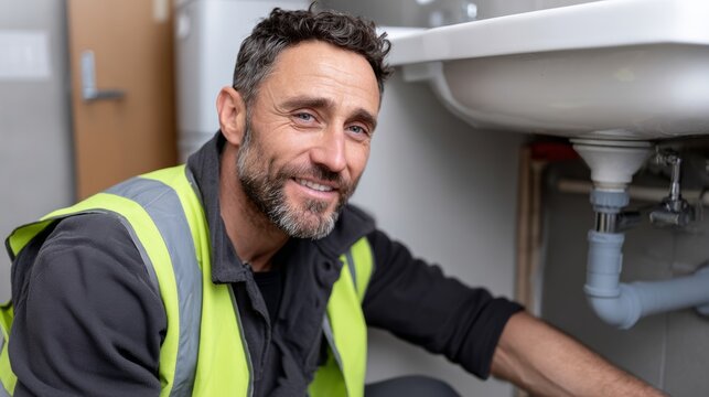 Male plumber wearing safety vest is smiling while working under a sink, showcasing plumbing skills and tools, with a modern bathroom setting and pipes visible in the background, emphasizing craftsmans