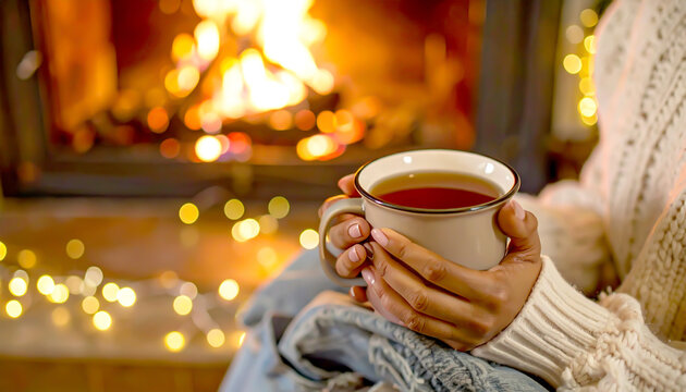 Heisse Tasse Tee am Kamin 