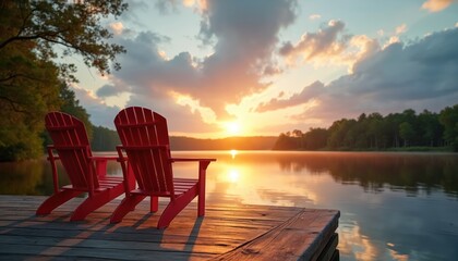 Naklejka premium Two red chairs on wooden dock at calm lake during sunset. Warm sunlight shines over water. Romantic place for getaway vacation at nature. Idyllic tranquil landscape offers relaxation.