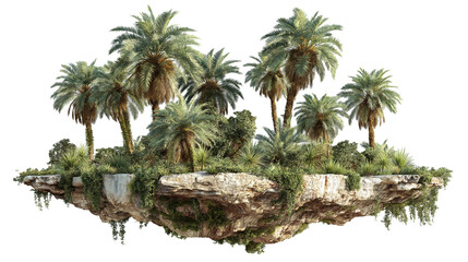 A small island with a tropical palm tree, isolated on white background as a transparent PNG, evoking a serene paradise scene