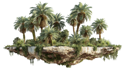 A small island with a tropical palm tree, isolated on white background as a transparent PNG, evoking a serene paradise scene