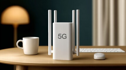 Modern 5G router with sleek design and multiple antennas placed on wooden table, accompanied by a white coffee mug and computer accessories, showcasing advanced technology in a cozy workspace