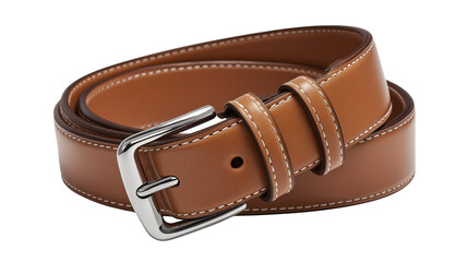 Brown leather belt with sturdy metal buckle, crafted with fine stitching, stylish and durable accessory, perfect for casual or formal outfits isolated on white or transparent png 
