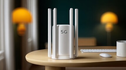 Modern 5G router with sleek design placed on wooden table, surrounded by minimalist workspace elements, showcasing advanced technology and connectivity in a contemporary home office environment