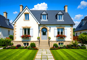A typical beautiful A village home with a garden and flowers