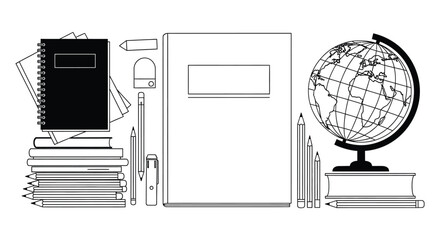 A collection of school supplies, including books, notebooks, pencils, and a globe, arranged on a flat surface for education.