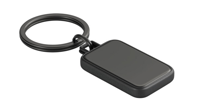 Sleek metal black car key pendant with polished finish, compact stylish design, perfect for automotive lovers and everyday fashionable key accessories isolated on white or transparent png background