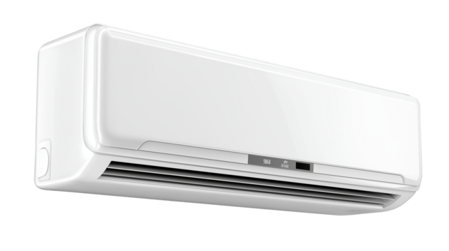Sleek white air conditioner with modern vents and digital display, designed for powerful cooling, quiet operation, and energy-efficient performance on clean white background or transparent png 