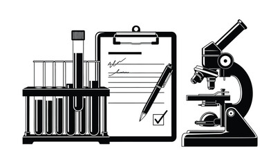 A clipboard with a pen and checkmark lies next to a microscope and a rack of test tubes.
