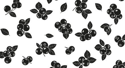 A graphic pattern of dark blueberries with green leaves scattered across a white background.
