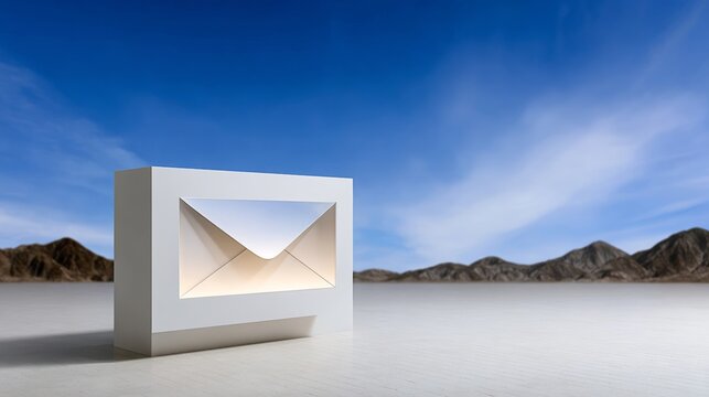 3D illustration of a white envelope emerging from a modern display box against a serene landscape with mountains and a clear blue sky, symbolizing communication and connection in a digital age