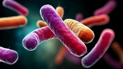 Colorful microscopic bacteria in vibrant hues, showcasing diverse shapes and textures, floating in a dark background, representing the complexity of microbial life and its significance in various ecos