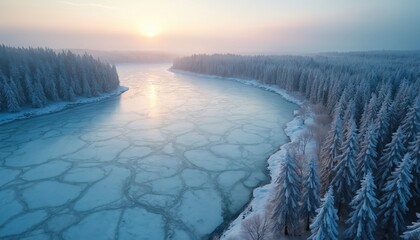 Aerial view of a frozen lake surrounded by snow covered forest. Winter landscape shows ice formations sunlight. Scenic nature photo with trees at sunrise in cold weather.