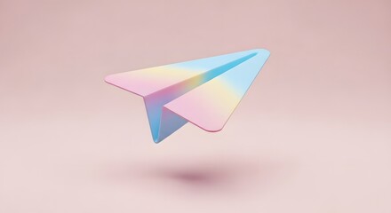Pastel Paper Airplane: 3D Render of Simple Design Floating on Soft Pink Background for Message, Travel, or Childhood Concept