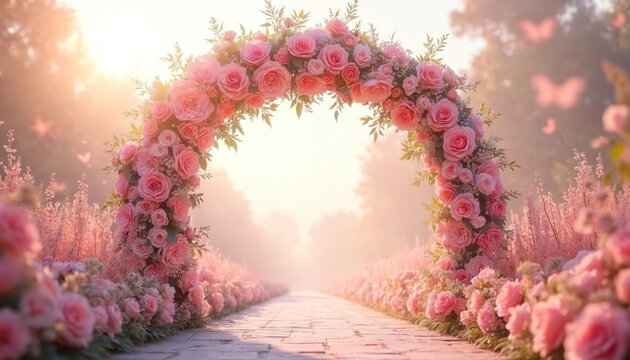 Pink floral archway wedding scene in garden with blooming roses. Pathway leads through soft light with butterflies. Romantic bridal ceremony backdrop. Marriage celebration flower decor.