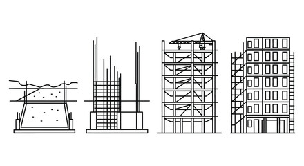 Architectural blueprints illustrate the step-by-step construction process of a modern building, from foundation to completion.