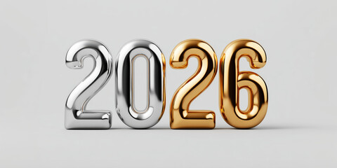Minimalist 3D render of silver and gold 2026 numbers on gray background. Elegant new year design symbolizing celebration and success