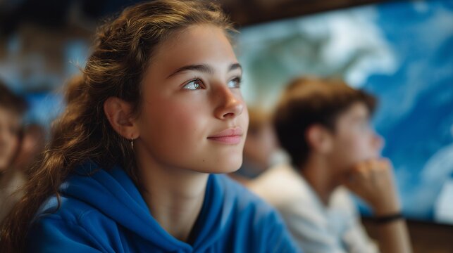 Student exploring AR-enhanced climate models showing glacier melting and rising ocean levels, emotion of curiosity and concern visible, symbolizing education in environmental science, climate - Powered by Adobe