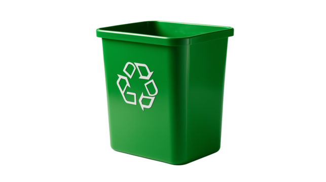 A green recycle plastic container isolated on a white background, shown as a transparent png style image with eco-friendly design.