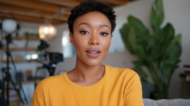 Vlogger speaking confidently to camera in a cozy home studio surrounded by recording equipment, emotion of engagement and passion visible, representing digital content creation, online education,