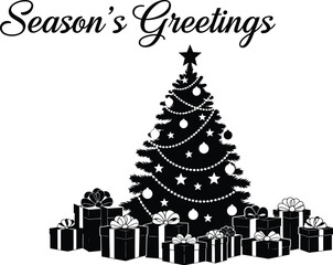 Seasons greetings with christmas tree and gift boxes, , a festive and joyful image for holiday season