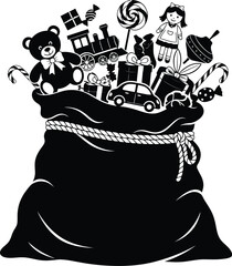 Santas sack full of toys, including a teddy bear, train, car, doll, candy cane, and other gifts for christmas