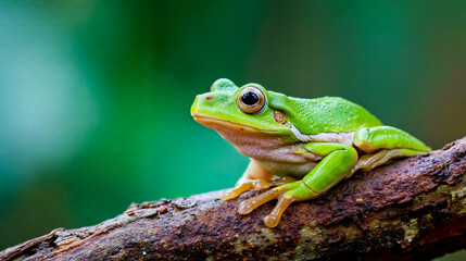Fototapeta premium A green frog with yellow eyes sitting on a brown tree branch