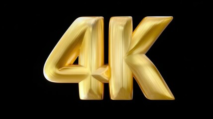 4K golden text rendering with a glossy finish, showcasing the number four and letter K, illuminated against a black background, emphasizing high definition and premium quality visual content