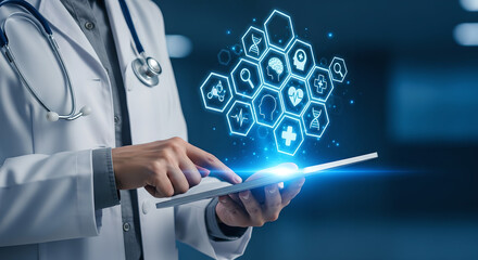 Healthcare Technology Medical Data Doctor Tablet Blue Icons Copy Space