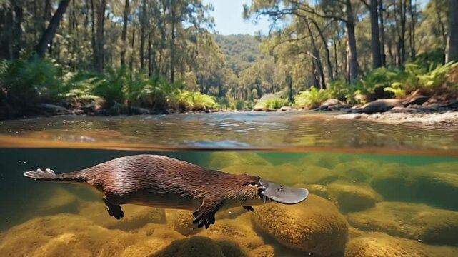  platypus swimming underwater, australian animal video
