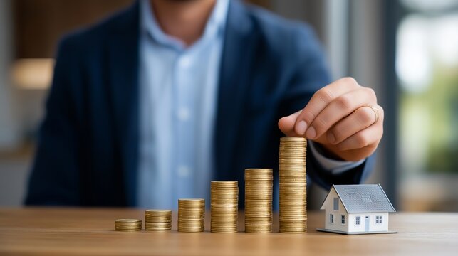 Real estate investor celebrating dramatic residential property value increase in metropolitan district, symbolizing profitable urban development investment, portfolio growth, and emotional