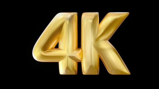 4K golden text rendering with a glossy finish, showcasing the number four and letter K, illuminated against a black background, emphasizing high definition and premium quality visual content