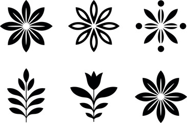 Six black and white floral and plant designs arranged on a white background