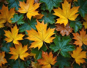 Obraz premium Wet yellow, green maple leaves lay on forest ground. Bright autumn colors show seasonal change. Vibrant foliage forms natural pattern. Orange, brown tones mix with fresh green. Eco backdrop great for