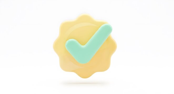 Verified Badge Render: Check Mark Icon Symbol Sign Approval and Success in Pastel Yellow and Green Colors