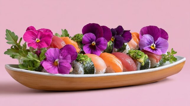 Colorful sushi platter garnished with vibrant edible flowers, showcasing a variety of sushi types arranged elegantly on a wooden serving dish against a soft pink background, perfect for culinary prese - Powered by Adobe