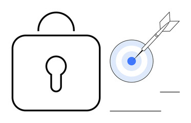 Simplified lock symbol alongside a dart hitting a target center. Ideal for security, precision, success, cybersecurity, protection, strategy, focus. A simple flat metaphor