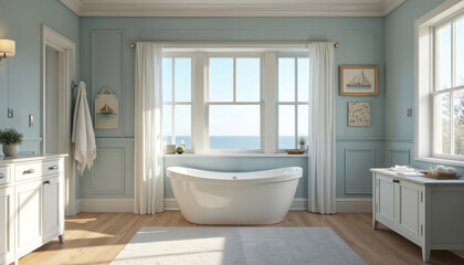 Light blue bathroom with white freestanding tub faces ocean view window. Nautical art hangs on paneled walls. White cabinets and wooden floor add calm charm. Bathing luxury.