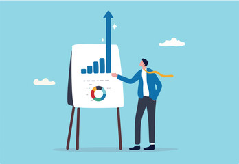 Present company growth, boost profit or increase revenue, success investment or growing sales, report or improvement statistics concept, businessman present graph with high improvement bar chart.