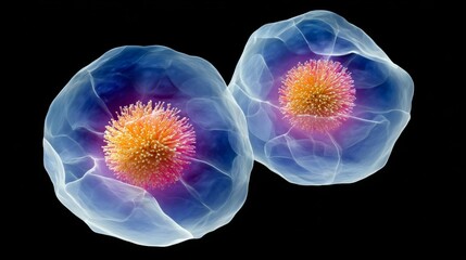 Two vibrant abstract floral forms with translucent petals and intricate centers, showcasing a blend of colors and textures, creating a visually striking composition against a dark background