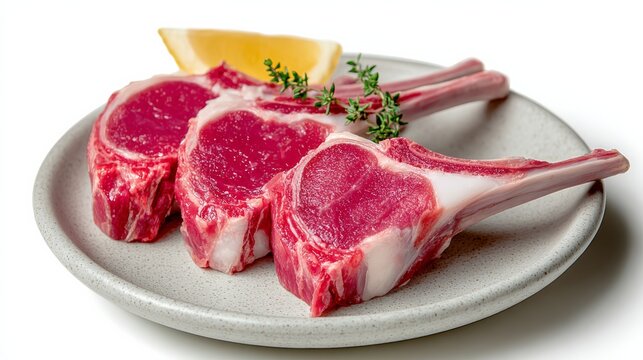 Fresh raw lamb chops arranged on a round plate with a slice of lemon and sprigs of thyme, showcasing the vibrant colors and textures of the meat for culinary presentation and inspiration