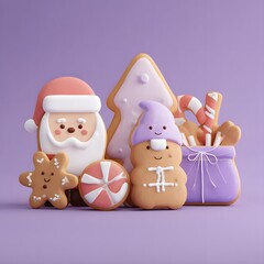 Obraz premium Christmas cookies set featuring Santa, gingerbread men, candy canes, and Christmas trees on a soft lavender background