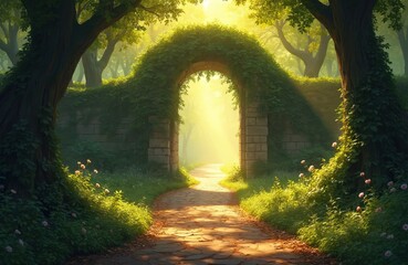 Obraz premium Stone archway covered in green ivy leads down a sunlit forest path. Lush vegetation and trees create a mystical, secluded garden scene. Golden light streams through the mist, illuminating the way.