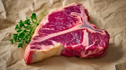 Fresh raw T-bone steak with marbled texture, placed on crumpled brown paper, accompanied by sprigs of green thyme, showcasing the quality and appeal of premium meat for culinary purposes