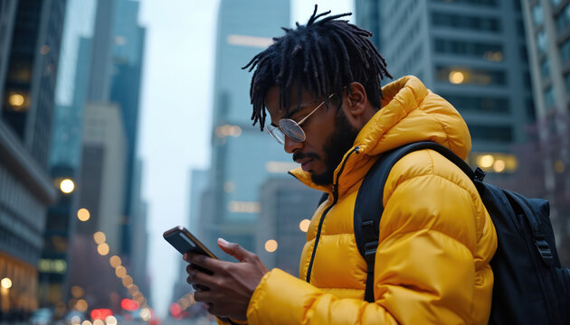 Young African American man in yellow puffer jacket checks phone on city street. Wears round glasses, backpack. Tall buildings blur in background. Focused on device, represents modern urban lifestyle,