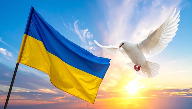 "A white dove soaring beside the Ukrainian flag at sunrise—an image of hope, freedom, and the quiet strength of peace."